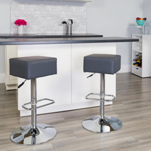 Contemporary Gray Vinyl Adjustable Height Barstool with Square Seat and Chrome Base [FLF-CH-82058-4-GY-GG]