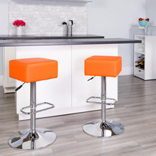 Contemporary Orange Vinyl Adjustable Height Barstool with Square Seat and Chrome Base [FLF-CH-82058-4-OR-GG]