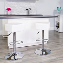 Contemporary White Vinyl Adjustable Height Barstool with Square Seat and Chrome Base [FLF-CH-82058-4-WH-GG]
