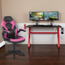 Red Gaming Desk and Pink/Black Racing Chair Set with Cup Holder and Headphone Hook [FLF-BLN-X10RSG1030-PK-GG]