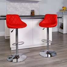 Contemporary Red Vinyl Bucket Seat Adjustable Height Barstool with Diamond Pattern Back and Chrome Base [FLF-CH-82028A-RED-GG]