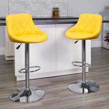 Contemporary Yellow Vinyl Bucket Seat Adjustable Height Barstool with Diamond Pattern Back and Chrome Base [FLF-CH-82028A-YEL-GG]