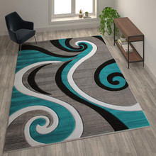 Athos Collection 8' x 8' Turquoise Abstract Area Rug - Olefin Rug with Jute  Backing - Hallway, Entryway, or Bedroom [FLF-KP-RG952-88-TQ-GG] 