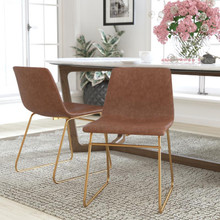 18 inch Dining Table Height Chair, Mid-Back Sled Base Dining Chair in Light Brown LeatherSoft with Gold Frame, Set of 2 [FLF-ET-ER18345-18-LB-GG]
