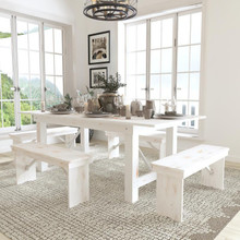 HERCULES Series 7' x 40" Antique Rustic White Folding Farm Table and Four Bench Set [FLF-XA-FARM-1-WH-GG]