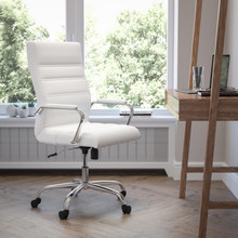High Back White LeatherSoft Executive Swivel Office Chair with Chrome Frame and Arms [FLF-GO-2286H-WH-GG]