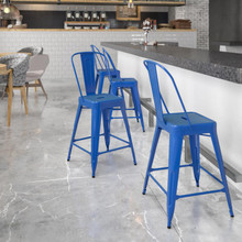 Kai Commercial Grade 24" High Blue Metal Indoor-Outdoor Counter Height Stool with Removable Back [FLF-CH-31320-24GB-BL-GG]