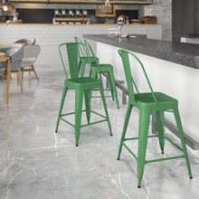 Kai Commercial Grade 24" High Green Metal Indoor-Outdoor Counter Height Stool with Removable Back [FLF-CH-31320-24GB-GN-GG]