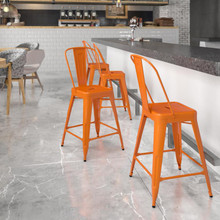 Kai Commercial Grade 24" High Orange Metal Indoor-Outdoor Counter Height Stool with Removable Back [FLF-CH-31320-24GB-OR-GG]