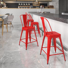 Kai Commercial Grade 24" High Red Metal Indoor-Outdoor Counter Height Stool with Removable Back [FLF-CH-31320-24GB-RED-GG]