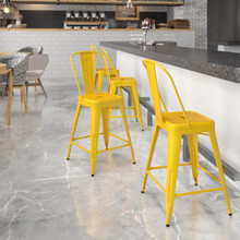 Kai Commercial Grade 24" High Yellow Metal Indoor-Outdoor Counter Height Stool with Removable Back [FLF-CH-31320-24GB-YL-GG]
