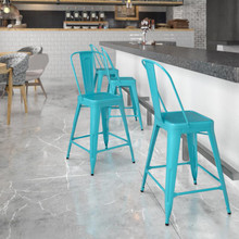 Commercial Grade 24" High Crystal Teal-Blue Metal Indoor-Outdoor Counter Height Stool with Back [FLF-ET-3534-24-CB-GG]