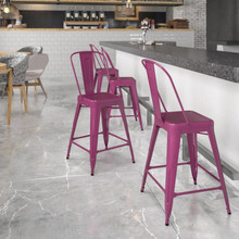 Commercial Grade 24" High Purple Metal Indoor-Outdoor Counter Height Stool with Back [FLF-ET-3534-24-PUR-GG]