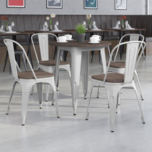 26" Round Silver Metal Table Set with Wood Top and 4 Stack Chairs [FLF-CH-WD-TBCH-10-GG]