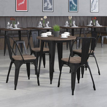 26" Round Black Metal Table Set with Wood Top and 4 Stack Chairs [FLF-CH-WD-TBCH-24-GG]