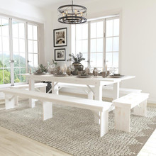 HERCULES Series 8' x 40" Antique Rustic White Folding Farm Table and Four Bench Set [FLF-XA-FARM-5-WH-GG]