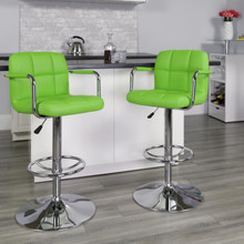 Contemporary Green Quilted Vinyl Adjustable Height Barstool with Arms and Chrome Base [FLF-CH-102029-GRN-GG]