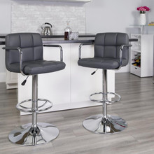 Contemporary Gray Quilted Vinyl Adjustable Height Barstool with Arms and Chrome Base [FLF-CH-102029-GY-GG]
