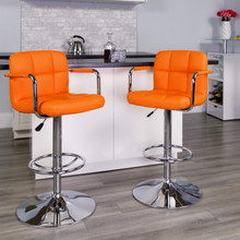Contemporary Orange Quilted Vinyl Adjustable Height Barstool with Arms and Chrome Base [FLF-CH-102029-ORG-GG]