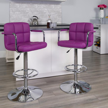 Contemporary Purple Quilted Vinyl Adjustable Height Barstool with Arms and Chrome Base [FLF-CH-102029-PUR-GG]