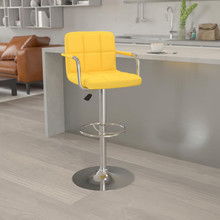 Contemporary Yellow Quilted Vinyl Adjustable Height Barstool with Arms and Chrome Base [FLF-CH-102029-YEL-GG]