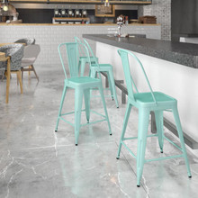 Commercial Grade 24" High Mint Green Metal Indoor-Outdoor Counter Height Stool with Back [FLF-ET-3534-24-MINT-GG]