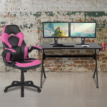Black Gaming Desk and Pink/Black Racing Chair Set with Cup Holder, Headphone Hook & 2 Wire Management Holes [FLF-BLN-X10D1904-PK-GG]