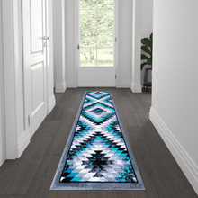 Teagan Collection Southwestern 2' x 7' Turquoise Area Rug - Olefin Rug with Jute Backing - Entryway, Living Room, Bedroom [FLF-OKR-RG1106-27-TQ-GG]