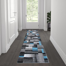 Elio Collection 2' x 7' Blue Color Blocked Area Rug - Olefin Rug with Jute Backing - Entryway, Living Room, or Bedroom [FLF-ACD-RGTRZ861-27-BL-GG]