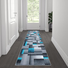 Elio Collection 2' x 7' Turquoise Color Blocked Area Rug - Olefin Rug with Jute Backing - Entryway, Living Room, or Bedroom [FLF-ACD-RGTRZ861-27-TQ-GG]