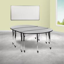 Emmy 3 Piece Mobile 86" Oval Wave Flexible Grey Thermal Laminate Activity Table Set-Standard Height Adjustable Legs [FLF-XU-GRP-A3060CON-60-GY-T-A-CAS-GG]