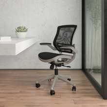 Mid-Back Transparent Black Mesh Executive Swivel Office Chair with Graphite Silver Frame and Flip-Up Arms [FLF-BL-8801X-BK-GR-GG]