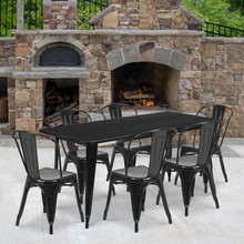 Commercial Grade 31.5" x 63" Rectangular Black Metal Indoor-Outdoor Table Set with 6 Stack Chairs [FLF-ET-CT005-6-30-BK-GG]
