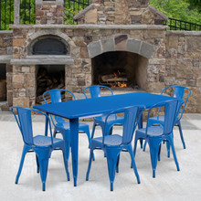 Commercial Grade 31.5" x 63" Rectangular Blue Metal Indoor-Outdoor Table Set with 6 Stack Chairs [FLF-ET-CT005-6-30-BL-GG]