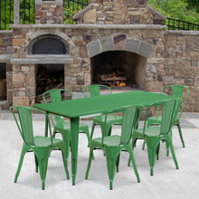 Commercial Grade 31.5" x 63" Rectangular Green Metal Indoor-Outdoor Table Set with 6 Stack Chairs [FLF-ET-CT005-6-30-GN-GG]