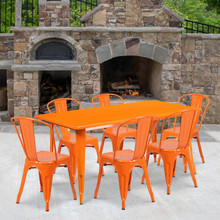 Commercial Grade 31.5" x 63" Rectangular Orange Metal Indoor-Outdoor Table Set with 6 Stack Chairs [FLF-ET-CT005-6-30-OR-GG]