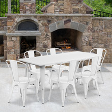 Commercial Grade 31.5" x 63" Rectangular White Metal Indoor-Outdoor Table Set with 6 Stack Chairs [FLF-ET-CT005-6-30-WH-GG]
