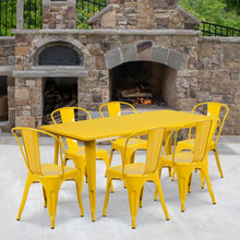 Commercial Grade 31.5" x 63" Rectangular Yellow Metal Indoor-Outdoor Table Set with 6 Stack Chairs [FLF-ET-CT005-6-30-YL-GG]