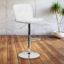 Contemporary White Vinyl Adjustable Height Barstool with Square Tufted Back and Chrome Base [FLF-DS-829-WH-GG]