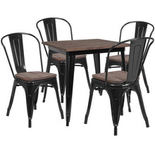 31.5" Square Black Metal Table Set with Wood Top and 4 Stack Chairs [FLF-CH-WD-TBCH-18-GG]