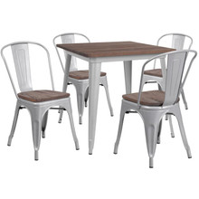31.5" Square Silver Metal Table Set with Wood Top and 4 Stack Chairs [FLF-CH-WD-TBCH-4-GG]