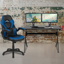 Black Gaming Desk and Blue and Black Racing Chair Set with Cup Holder, Headphone Hook & 2 Wire Management Holes [FLF-BLN-X10D1904-BL-GG]