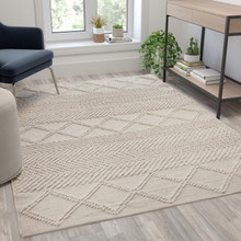 5' x 7' Ivory & White Geometric Design Handwoven Area Rug - Wool/Polyester/Cotton Blend [FLF-CI-20-9450A-57-CR-GG]