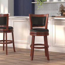 26'' High Light Cherry Wood Counter Height Stool with Open Panel Back and Black LeatherSoft Swivel Seat [FLF-TA-355526-LC-CTR-GG]