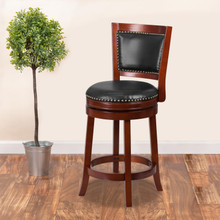 26'' High Dark Cherry Wood Counter Height Stool with Open Panel Back and Walnut LeatherSoft Swivel Seat [FLF-TA-355526-DC-CTR-GG]