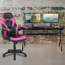 Gaming Desk and Pink/Black Racing Chair Set /Cup Holder/Headphone Hook/Removable Mouse Pad Top - 2 Wire Management Holes [FLF-BLN-X10D1904L-PK-GG]