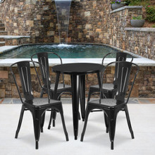 Commercial Grade 24" Round Black Metal Indoor-Outdoor Table Set with 4 Cafe Chairs [FLF-CH-51080TH-4-18CAFE-BK-GG]