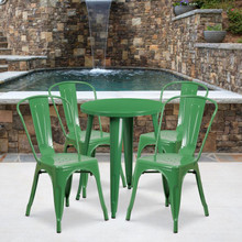 Commercial Grade 24" Round Green Metal Indoor-Outdoor Table Set with 4 Cafe Chairs [FLF-CH-51080TH-4-18CAFE-GN-GG]