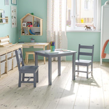 Kids Solid Hardwood Table and Chair Set for Playroom, Bedroom, Kitchen - 3 Piece Set - Gray [FLF-TW-WTCS-1001-GRY-GG]