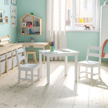 Kids Solid Hardwood Table and Chair Set for Playroom, Bedroom, Kitchen - 3 Piece Set - White [FLF-TW-WTCS-1001-WH-GG]